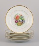 Bing & Grøndahl, seven porcelain lunch plates hand-painted with polychrome 
flowers and gold decoration.