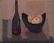 Sven Johansson  (1916-1990), Swedish artist, oil on board. Modernist still life 
with bottle and fruit basket.