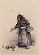 Carl Bloch (1834–1890). Radering. "Konen med spurvene"