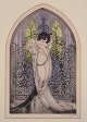 Louis Icart (1888-1950). Farvelitografi på japanpapir. 
Elegant kvinde med buket af roser i en kirke.