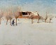H. A. Brendekilde (1857-1942). Olie på lærred.
Vinterlandskab med gård i baggrunden og gående mand i sneen.