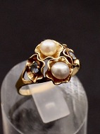 14 karat guld ring med ægte perler og aquamariner