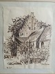 Tegning af Lise 
Færch - Parti 
fra Korup Kirke 
ved Odense.