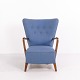 Osted Antik & Design presents: Vintage High Back Armchair in Wood with Blue Fabric 1940s
