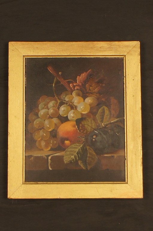 Here you are offered an oil painting on panel. Beautiful still life with fruit 
and white grapes on a table.