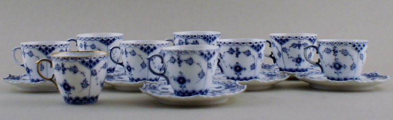 7 sets of Royal Copenhagen Blue Fluted Full Lace Mocca cup and saucer. Early 
stamps.
