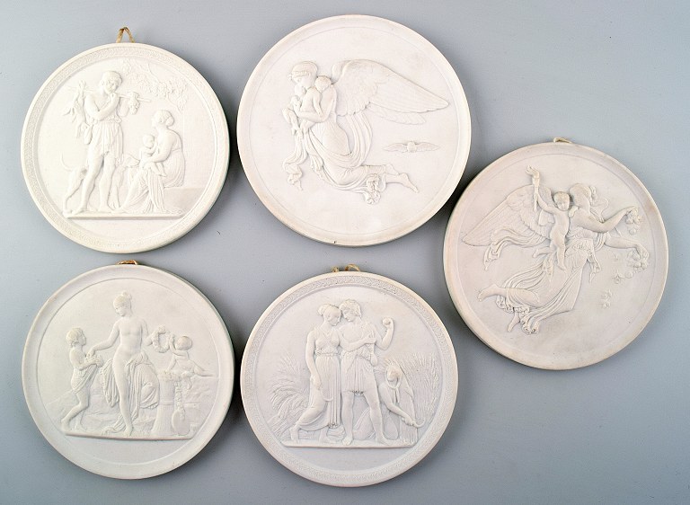 5 Royal Copenhagen biscuit plaques after Thorvaldsen.
