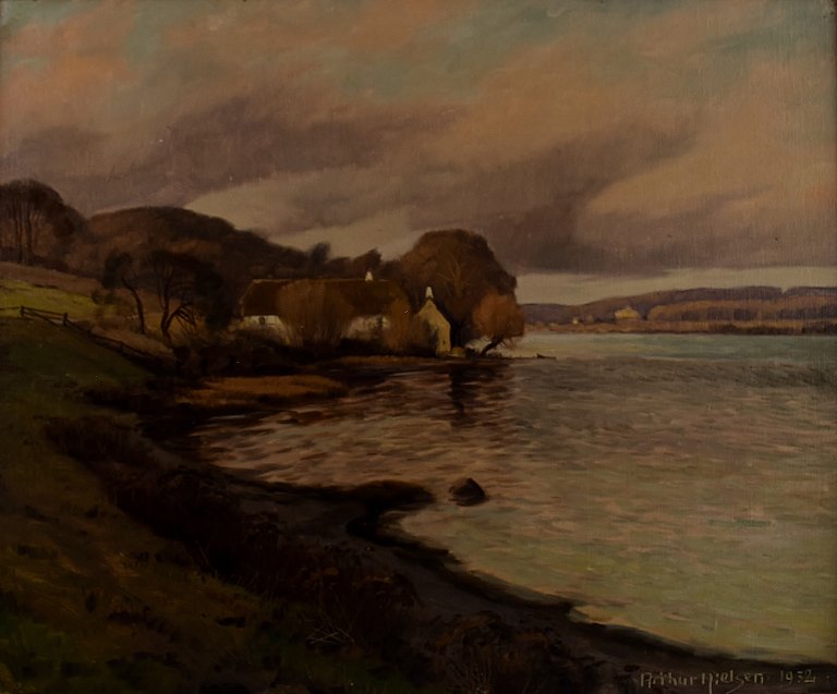 Arthur Nielsen b. Odense 1883, d. Klampenborg 1946:
Landscape with farm by the water.