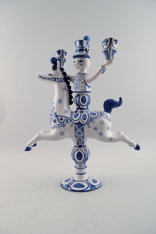 Bjørn Wiinblad large ceramic figure from the blue house.
Figure / candlestick, rider on horseback with space for three lights.