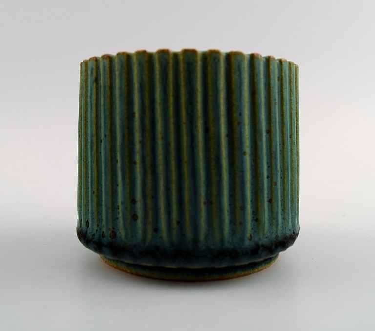 Arne Bang. Pottery Vase in fluted style. Marked AB 128.
