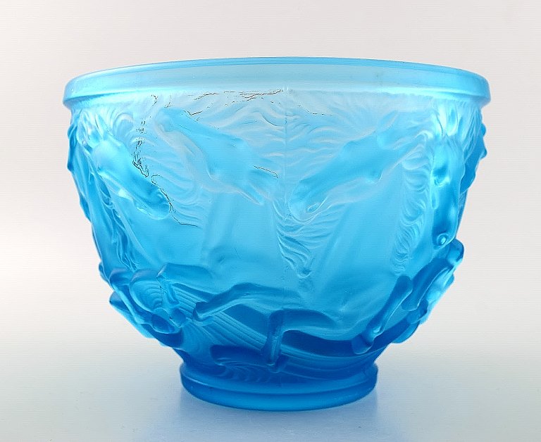 Art Deco Lalique style art glass bowl in turquoise with horses in relief.
