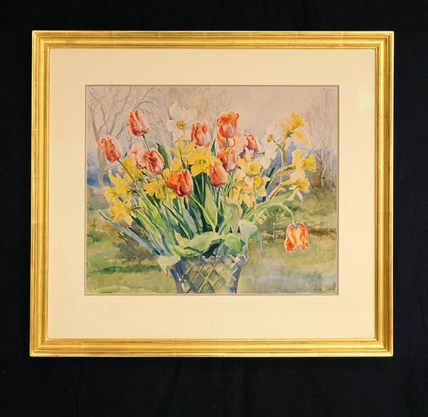 Storfyrstinde Olga Alexandrova af Rusland: Stilleben med blomster, akvarel. 
Signeret. Ca. år 1930. Lysmål: 35x42cm. Med ramme: 54x61cm