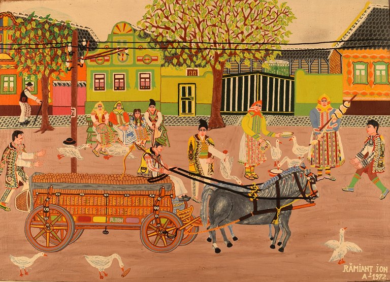 Ion Ramiant, Serbian artist. "The carriage". Naivist school. Village scenery 
with people and birds. Oil on canvas.
