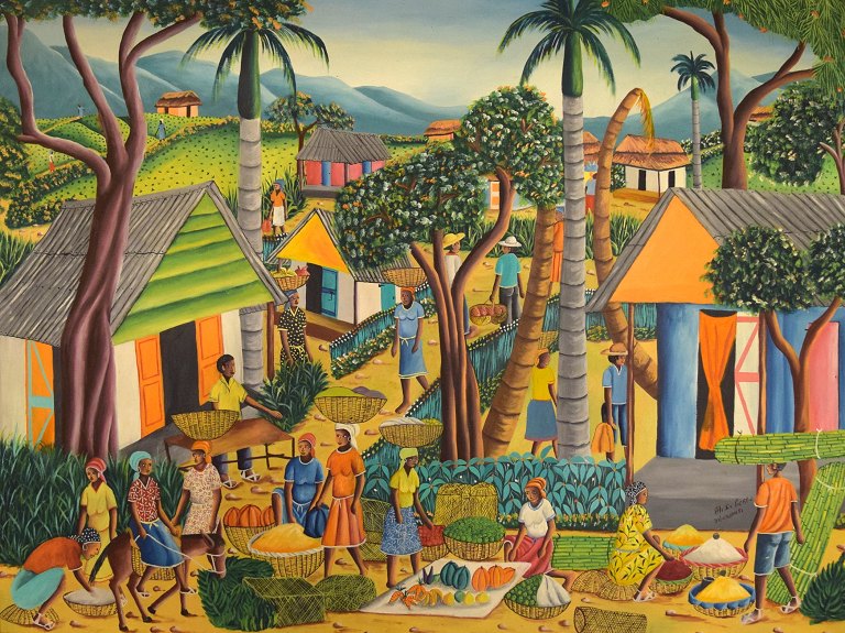 Alix Pierre, haitiansk kunstner. Naivistisk skole. Olie på lærred.
