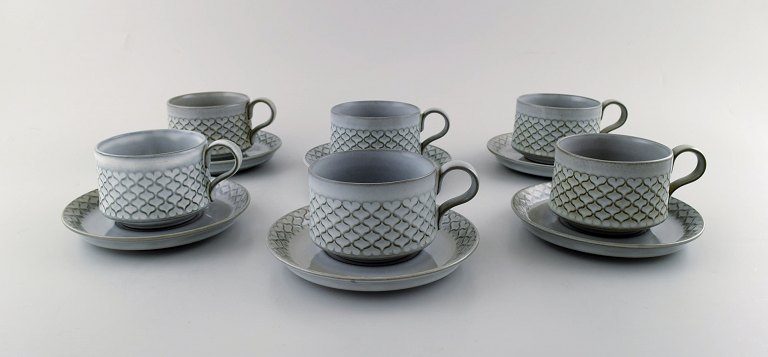 Bing & Grondahl number 305. Set of six tea cups with saucers.
B & G Grey Cordial Quistgaard Nissen Kronjyden stoneware .