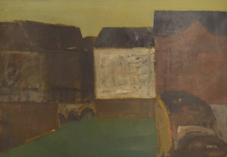 Per Damm (b.1929), Danish painter. Modernist landscape with houses and canal. 
Dated 1962. Scandinavian atmosphere.