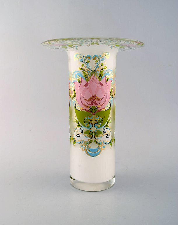 Bjørn Wiinblad for Rosenthal Studio Line. Art glass vase decorated with flowers 
and swans. 1980