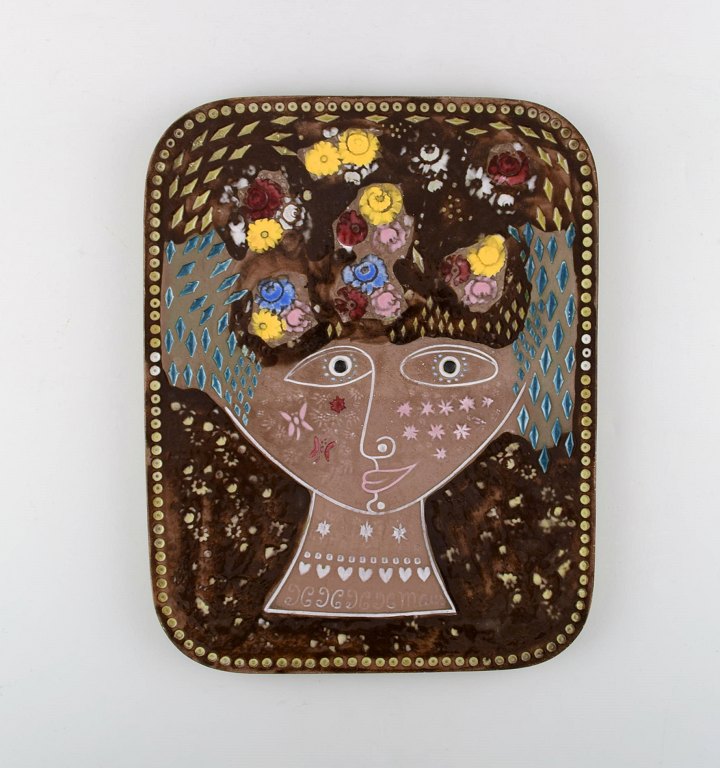 Mari Simmulson for Upsala-Ekeby. Wall plaque in glazed stoneware with portrait 
of woman. 1960