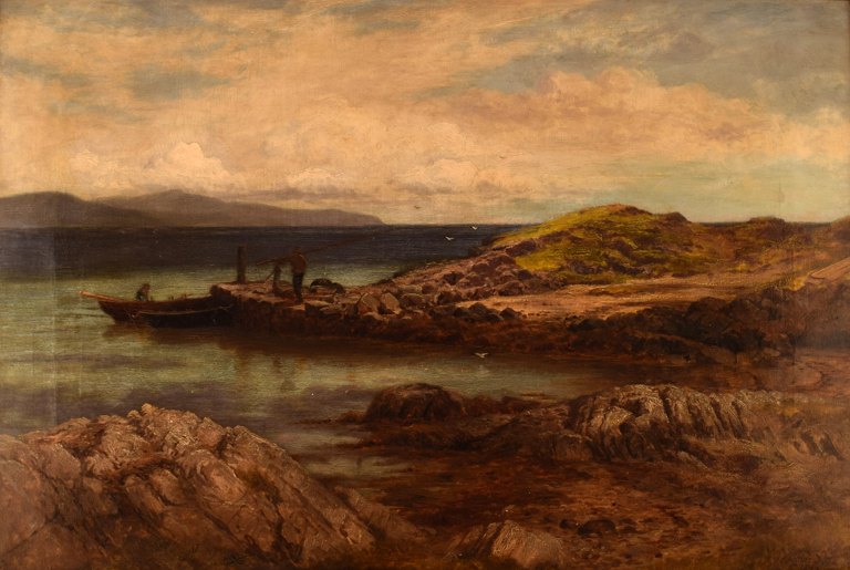 John Douglas Scott. Britisk maler. Olie på lærred. "The ferry rower, Isle of 
Gigha". Dateret 1877.
