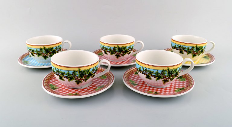 Gianni Versace for Rosenthal. Five large "Ivy Leaves" teacups with saucers. Late 
20th century.

