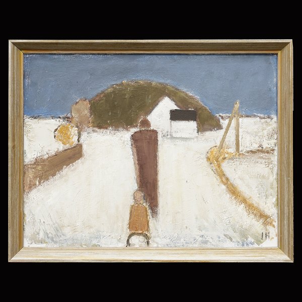 Johannes Hoffmeister maleri. Johannes Hoffmeister, 1914-90, olie på lærred. 
Personer i landskab. Signeret. Lysmål: 50x64cm. Med ramme: 56x70cm