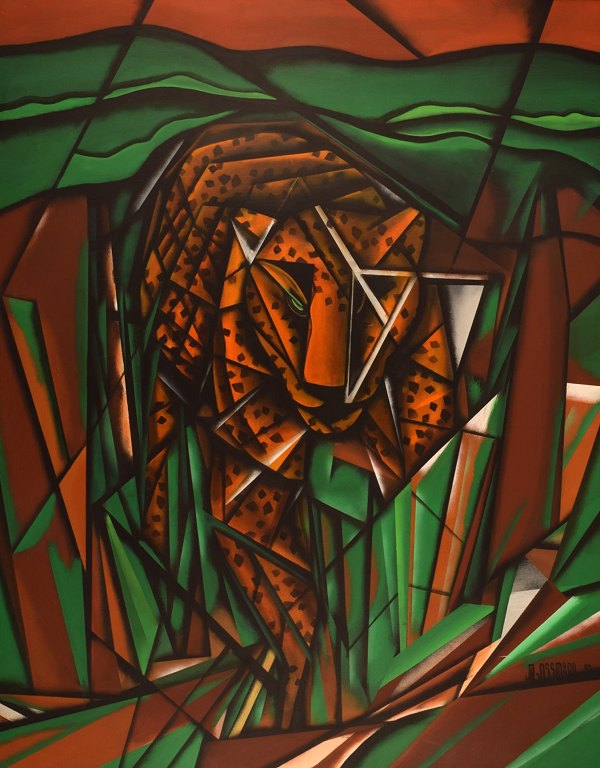 J.L. Gossmann, French artist. Oil on canvas. Panther in landscape. Cubist style. 
Dated 1992.
