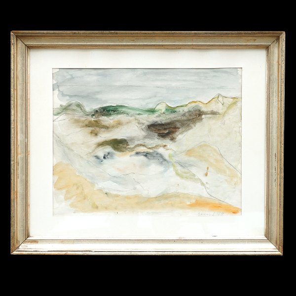 Jens Søndergaard akvarel. Jens Søndergaard, 1895-1957, akvarel. Landskab. 
Signeret og dateret 1949. Lysmål: 36x47cm. Med ramme: 55x67cm