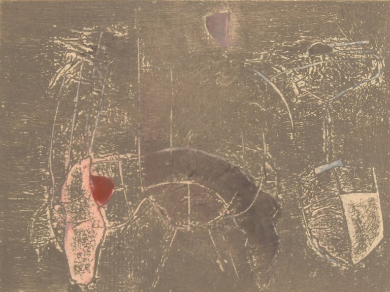 Selma Daffre (b. 1951), listed Brazilian artist. Collograph on paper. "Linhas". 
Numbered 6/9. Dated 1997.
