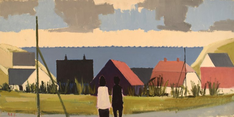 Arne A. Hansen (1922-2009), Denmark. Oil on canvas. Modernist landscape with 
houses. 1970s.
