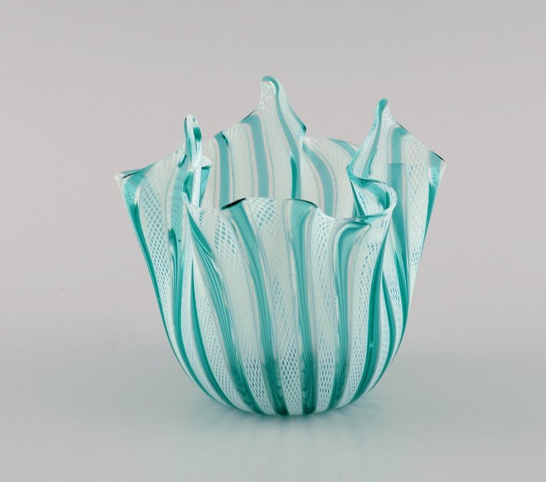 Small Murano vase / bowl in turquoise and clear mouth blown art glass. Italian 
design, 1960s.
