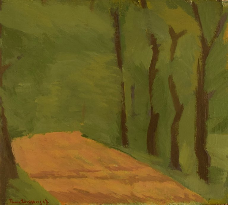 Thure Lindskog, listed Swedish artist. Oil on canvas. Modernist landscape with 
trees. Dated 1957.
