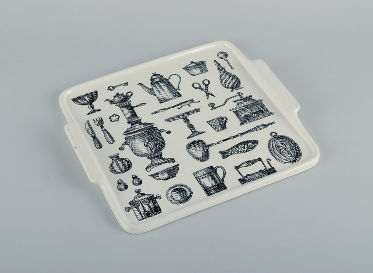 Arabia, Finland, porcelain tray decorated with antique kitchen utensils.