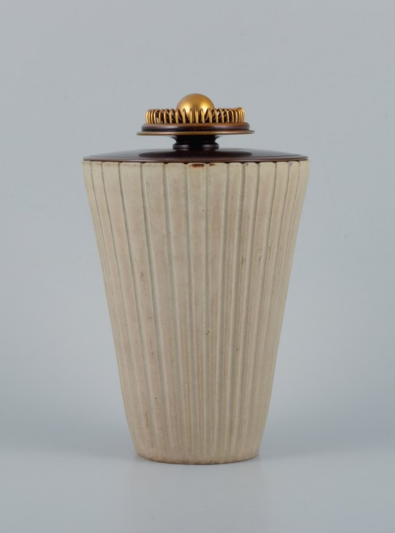 Arne Bang, large ceramic vase in grooved design with matching bronze lid.