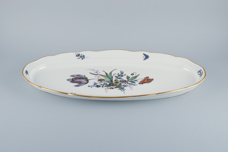 Meissen, Germany. Large fish platter, hand painted with flowers and insects and 
gold rim.