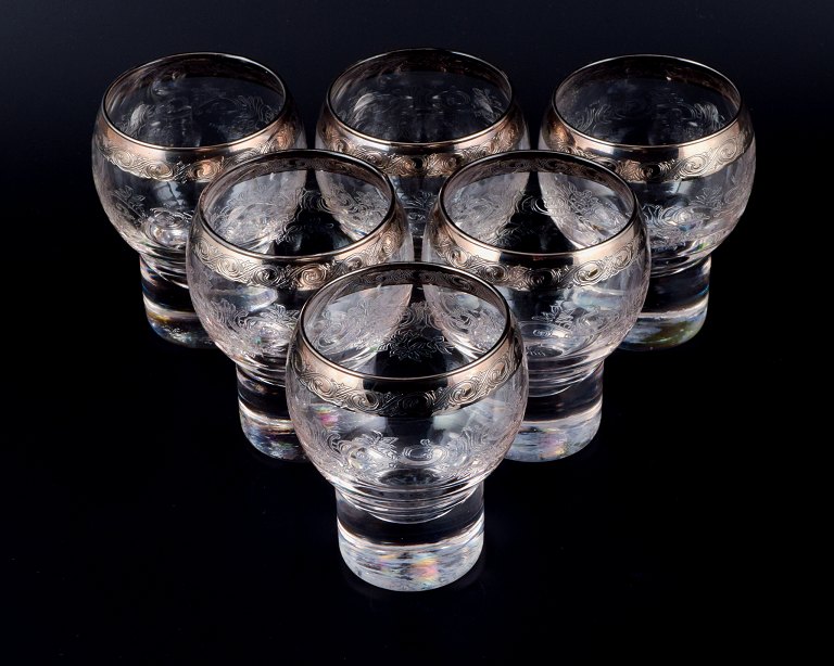 Murano, Italy, six mouth-blown and engraved beer glasses with silver rim.
