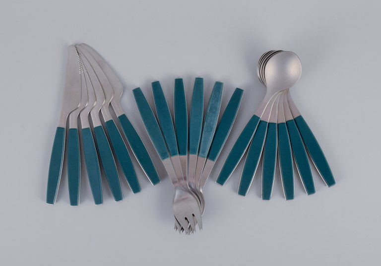 Henning Koppel for Georg Jensen, a six-person Strata lunch service in turquoise 
plastic and stainless steel.