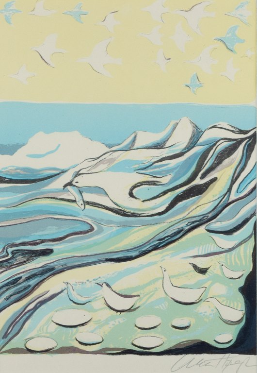 Aka Høegh, Greenlandic painter. Color lithograph on paper.
Greenlandic mountain landscape with seagulls.