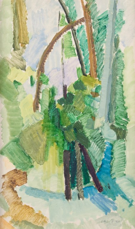 Swedish modernist, S-BS, oil on canvas.
Modernist landscape with trees.