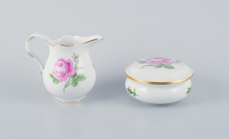 Meissen, "Pink Rose" porcelain sugar bowl and creamer hand-painted with pink 
roses.