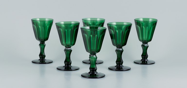 Val St. Lambert, Belgium, a set of six "Lalaing" white wine glasses in green 
crystal glass.