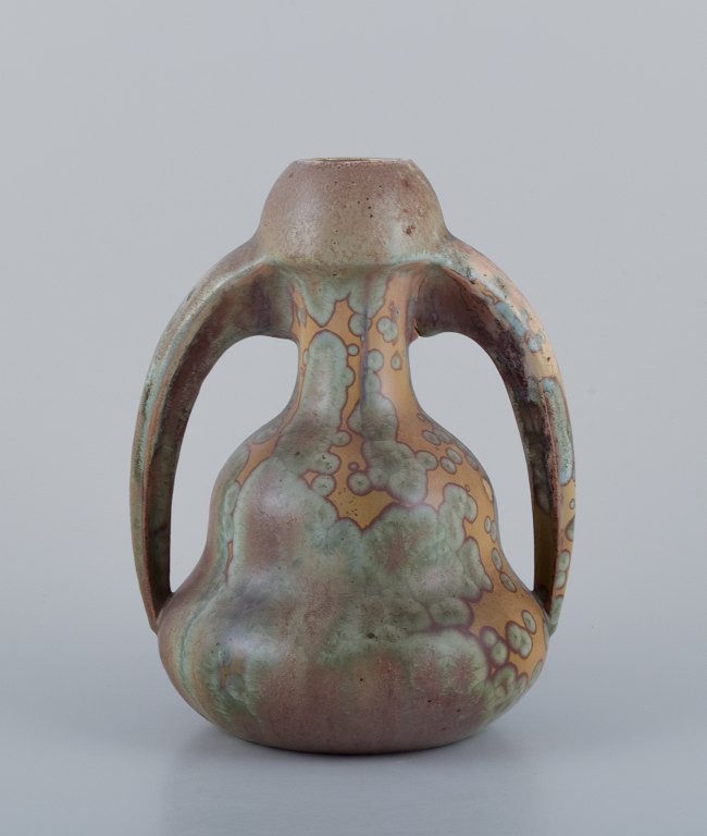Desvres Fourmaintraux Delassus, France. Ceramic vase with handles in Crystal 
glaze. Art Nouveau.