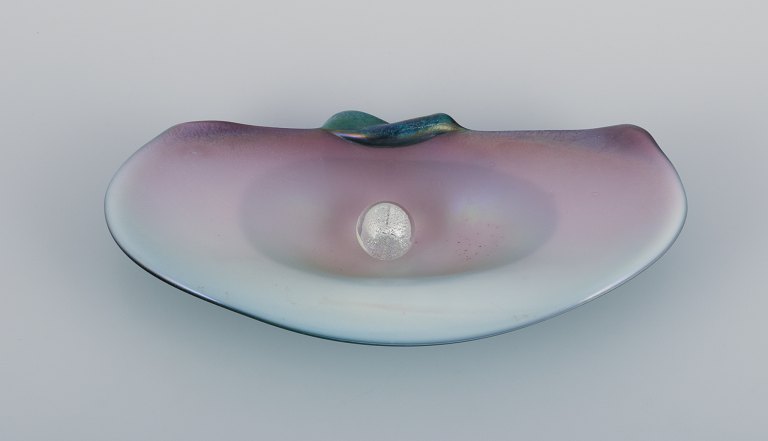 Valentino for Murano, Italy. A rare art glass bowl shaped like a seashell with a 
loose pearl. Pink and violet tones with a turquoise backside.