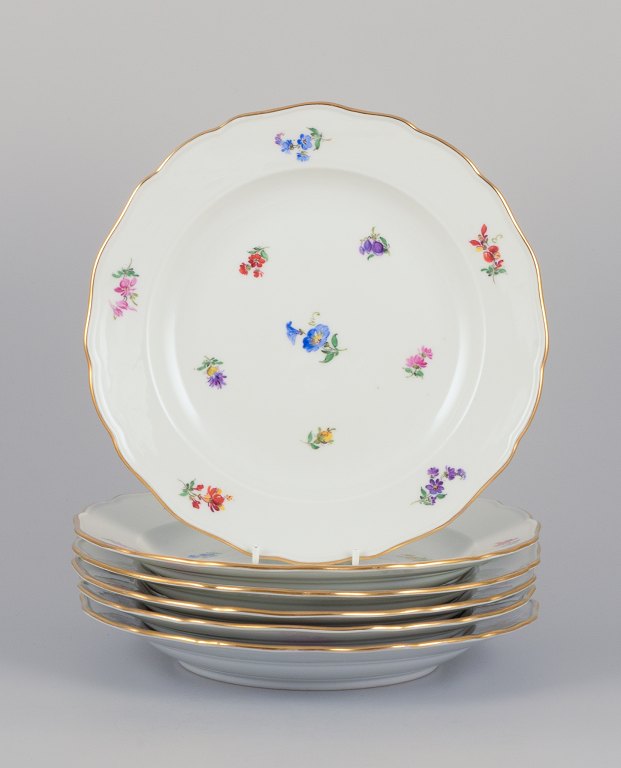 Meissen, Tyskland. Et sæt på seks middagstallerkner i porcelæn håndmalet med 
forskellige polykrome blomstermotiver samt guldkant.