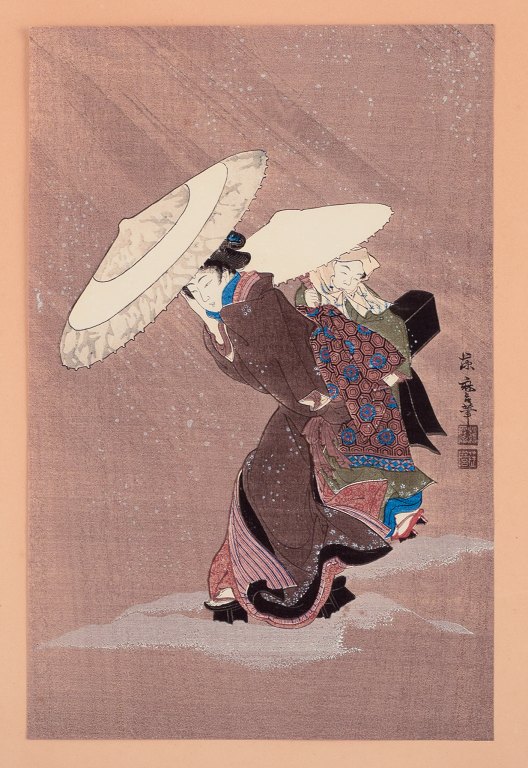 Fujimaro Kitagawa (1790-1850). Træsnit på japanpair. Snelandskab med kvinde I 
traditionelle klæder bærende på barn.
