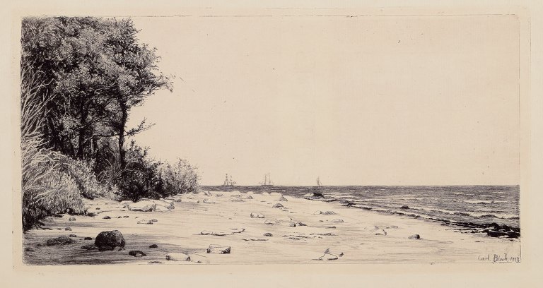 Carl Bloch (1834–1890). Etching of a Danish coastal scene with sailboats on the 
sea.