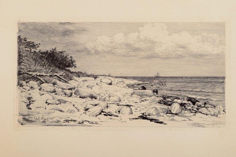 Carl Bloch (1834–1890). Etching of a Danish coastal landscape with a sailboat on 
the horizon. From the northern coast of Zealand, Hornbæk Plantation.