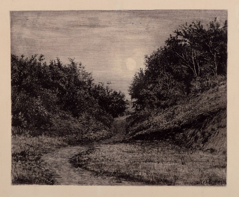 Carl Bloch (1834–1890). Etching of a moonlit summer evening.