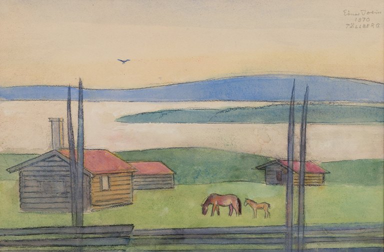 Einar Jolin (1890-1976), svensk kunstner. Oliekridt på papir.
Svensk modernistisk landskab fra ”Tällberg”.