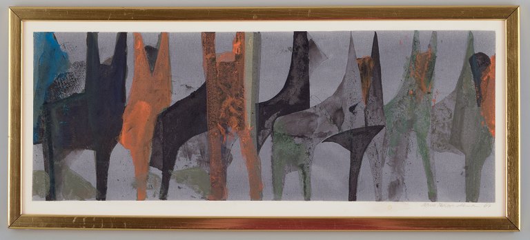 Arne Brandtman (1925-2010), svensk kunstner. Farvetryk på papir.
Abstrakt komposition.