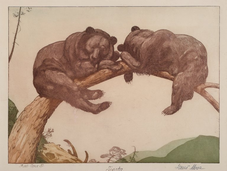 Louis Moe (1857–1945), Norsk kunstner. Farveradering på japanpapir.
Opus 51 ”Siesta”. To hvilende brunbjørne i træ.